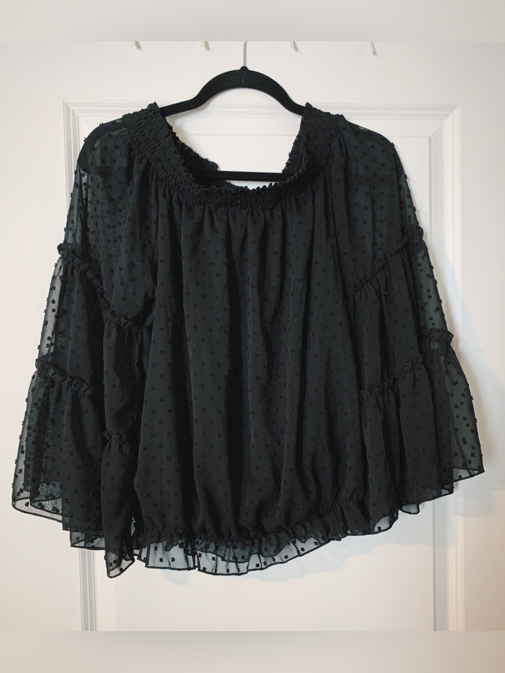 Amazon Black Swiss Dot Peasant Top